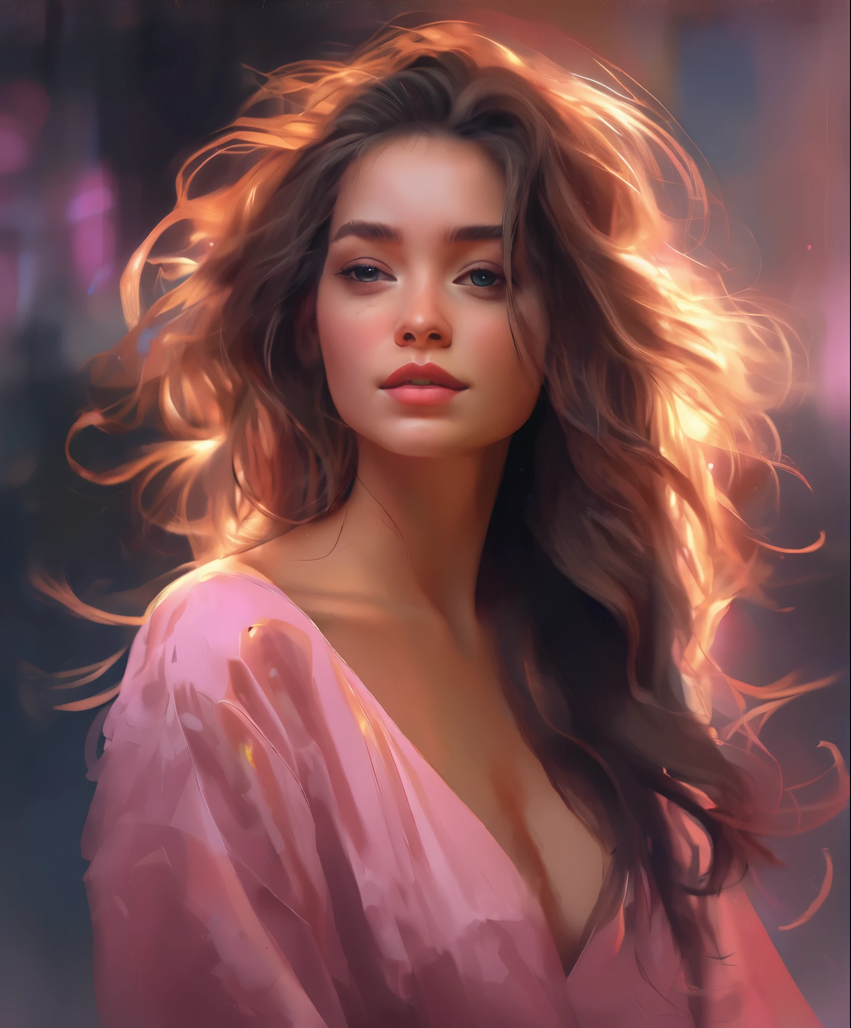 (Una pintura de una mujer con cabello largo), Arte digital, inspirado por Ross Tran, cabello largo y esponjoso y rizado, Soft sunset lighting, Hermoso arte UHD 4K, Vestido y rostro detallados, Chica rosa, Pintura realista de chica linda, Magali Villeneuve' cabello ondulado, Caricatura ultra realista, Imagen besada por el viento, Sakimichan