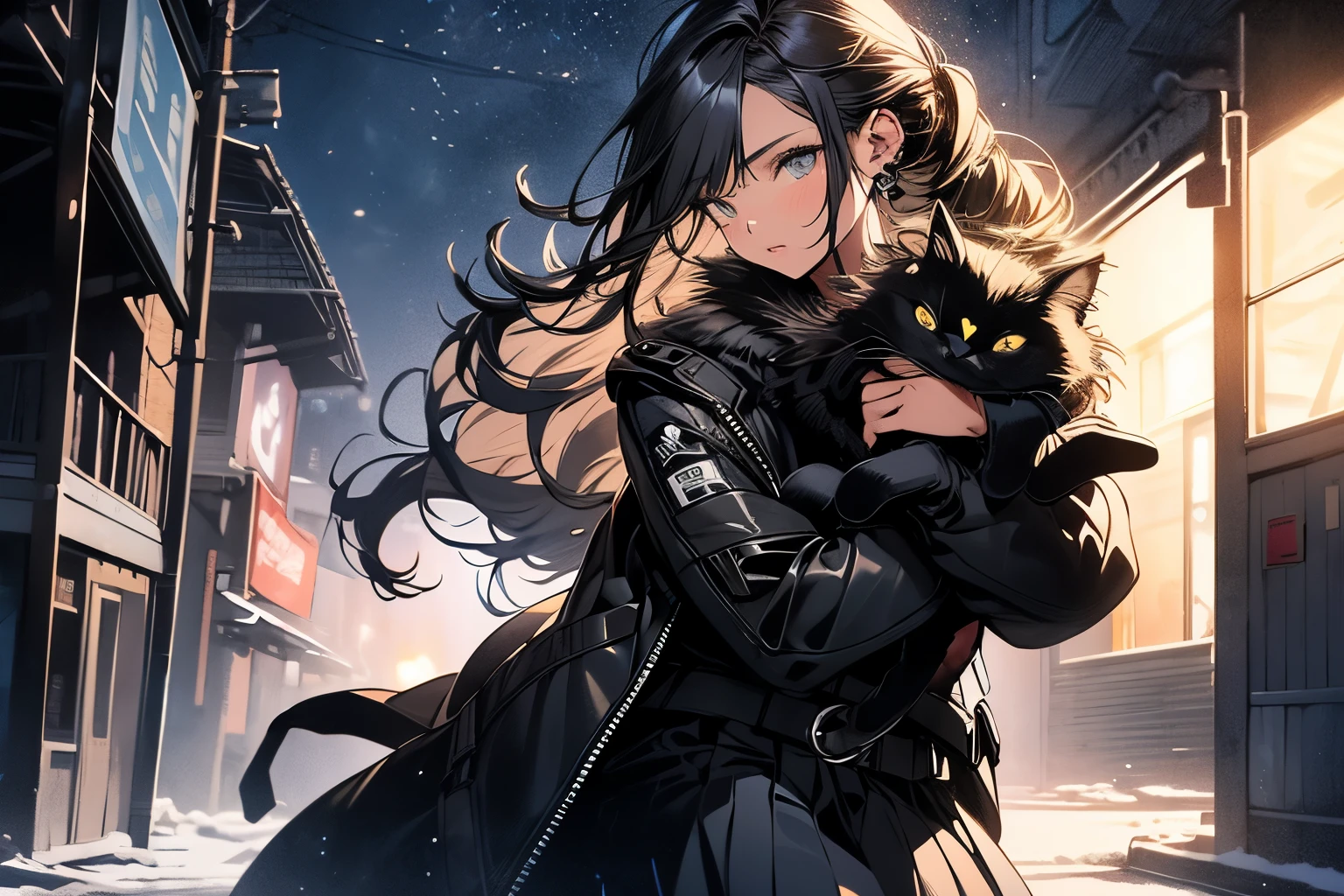 Original photo, best quality, full body photo), (Realistic, photographic fidelity: 1.3), (Extremely delicate and beautiful: 1.1) 1 woman with sculpted physique and wide hips, leggings, pleated skirt, sports top, high ponytail, high boots, long fur jacket, on a hazy moonlit night in a ghost town, monochrome style, line art, detailed face, detailed eyes, detailed lips, wide hips, holding a black cat in the hands