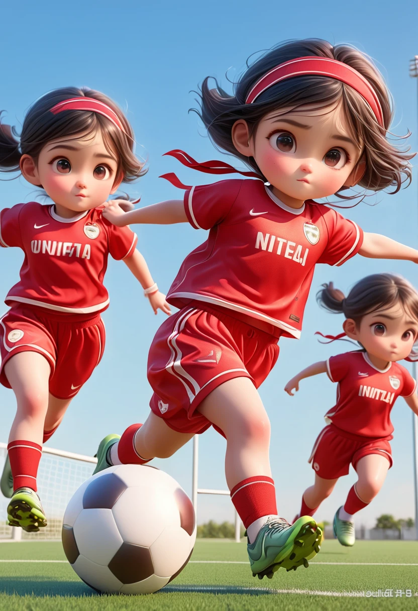 3D，Headband，3 girs，play Football，score goals, Red sportswear suit，Cartoon Style，court，