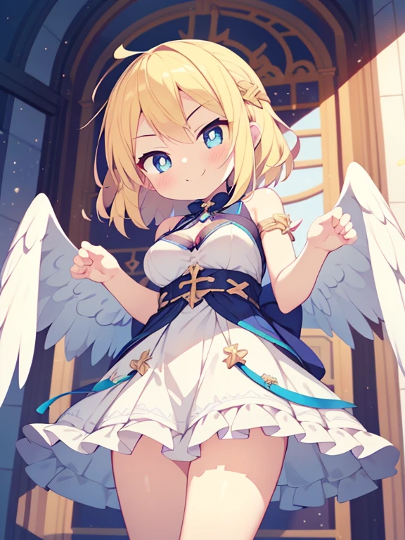 (Angel Girl:1.2), (1 person:1.2),( girl)、Young girl、Big Breasts、 Hmph、Shaders、Highly detailed eyes、Big Breasts、loose fluffy short hair、Side bust、Shiny cleavage、blonde、Angel Wings、Silky Hair、angel outfit(White thin fabric、Plain、mini skirt、Plainのシルク手袋)、Very complex pupils、highest quality、Bright colors、Bust 100、rests、game portrait、Stir the composition、Composition looking up from below、Lift your with your hands、Poses that accentuate the chest、Cross your arms、Grinning expression、eyes half closed、Open your mouth、Stink Eye、Evil Face、A strong smile、Clasp your hands behind your back、Hide your hands、Wicked Smile、whole body、美新new、god々new