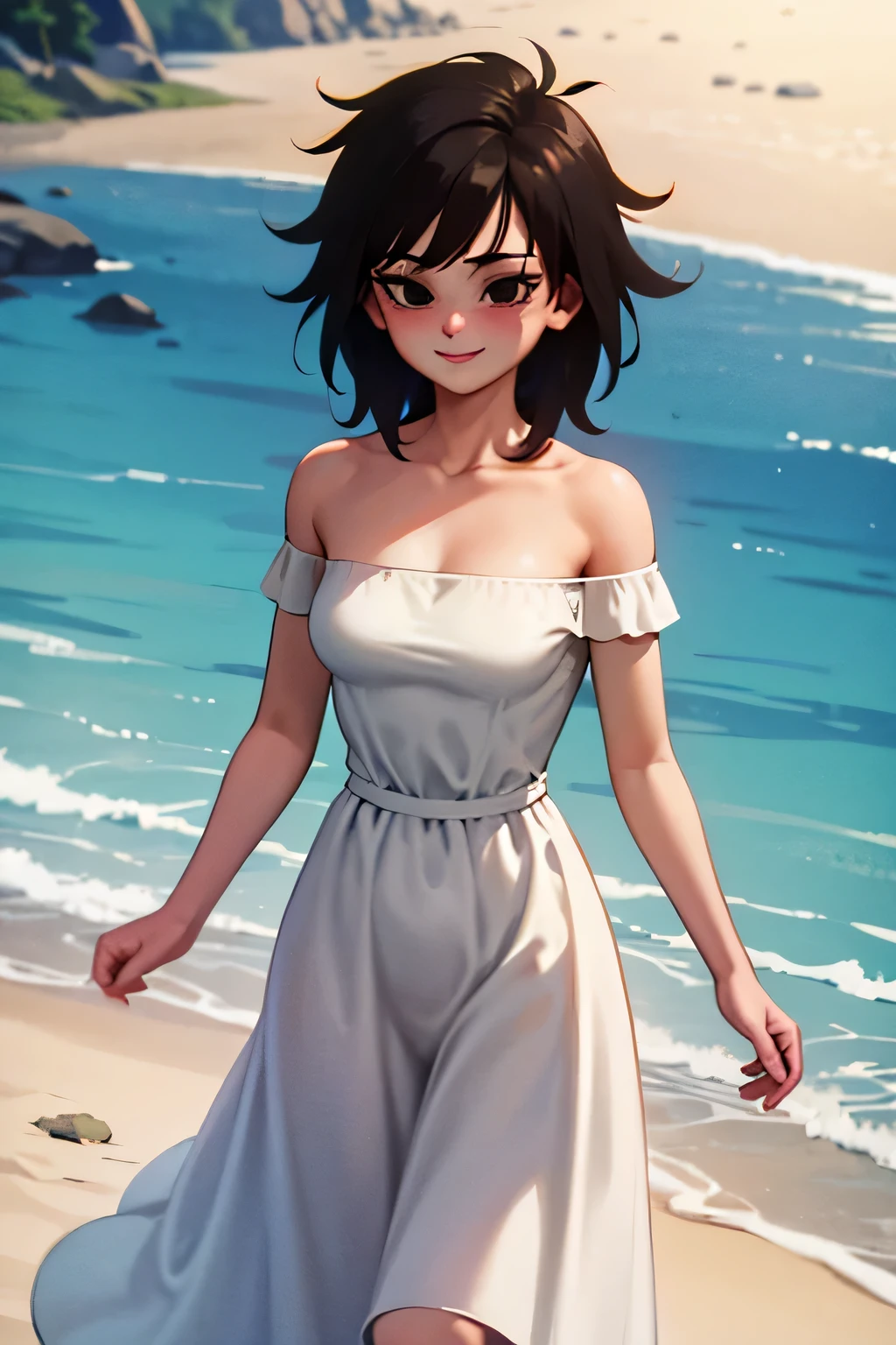 anime screencap, masterpiece, best quality, highres, outdoors, small breasts, gine, spiky black hair, 1 girl, Solo, Black Eyes, Good hands are down, Smile, Blushing, Bare Neck, Bare Shoulders, strapless, White Ruffle Off-the-Shoulder maxi dress. Cowboy shot. A landscape of the beach, sea, blue skies, sand beach. In the center. Walking on the beach Far from the bottom, looking at viewers