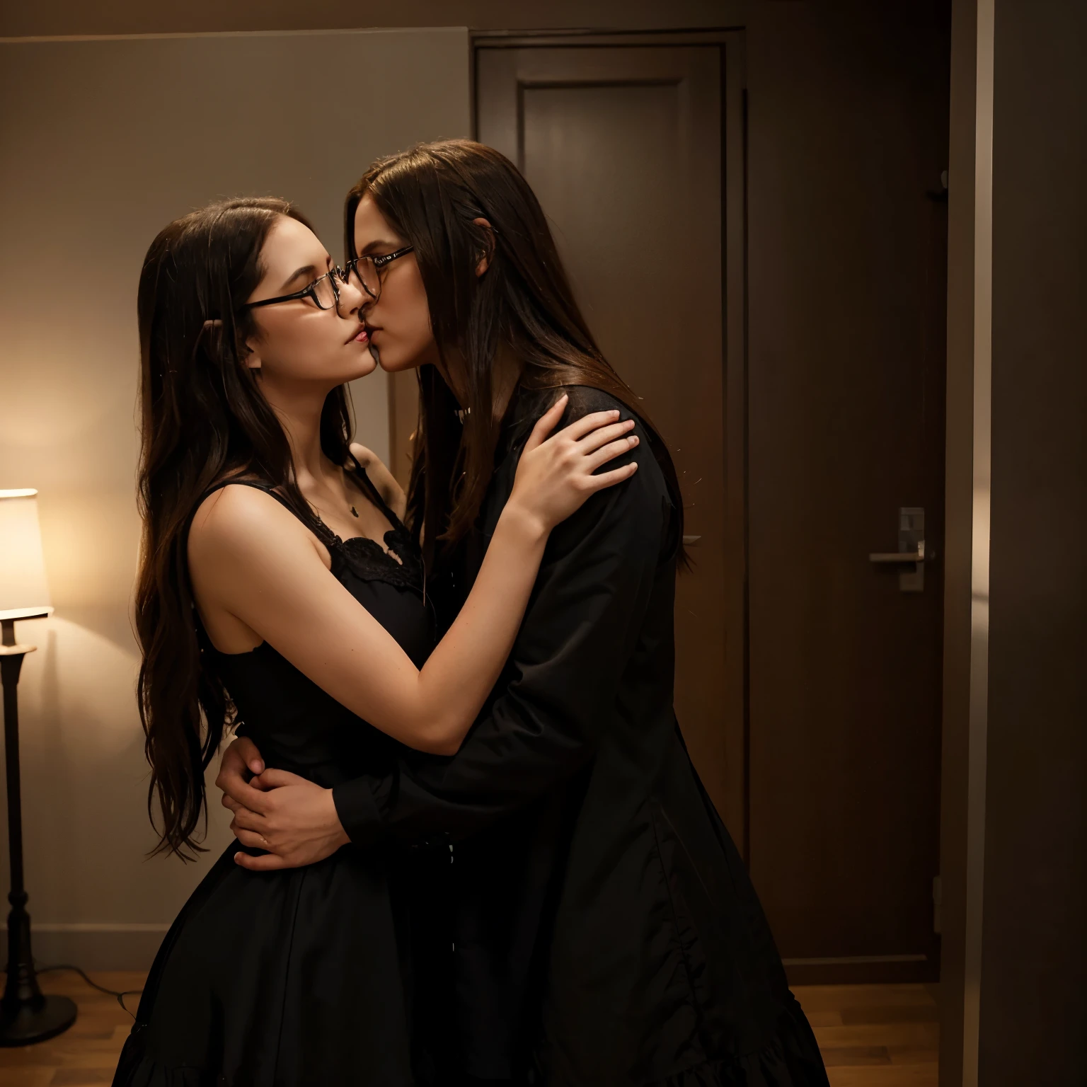 two-women-in-black-dresses-are-kissing-each-other-in-a-room-seaart-ai