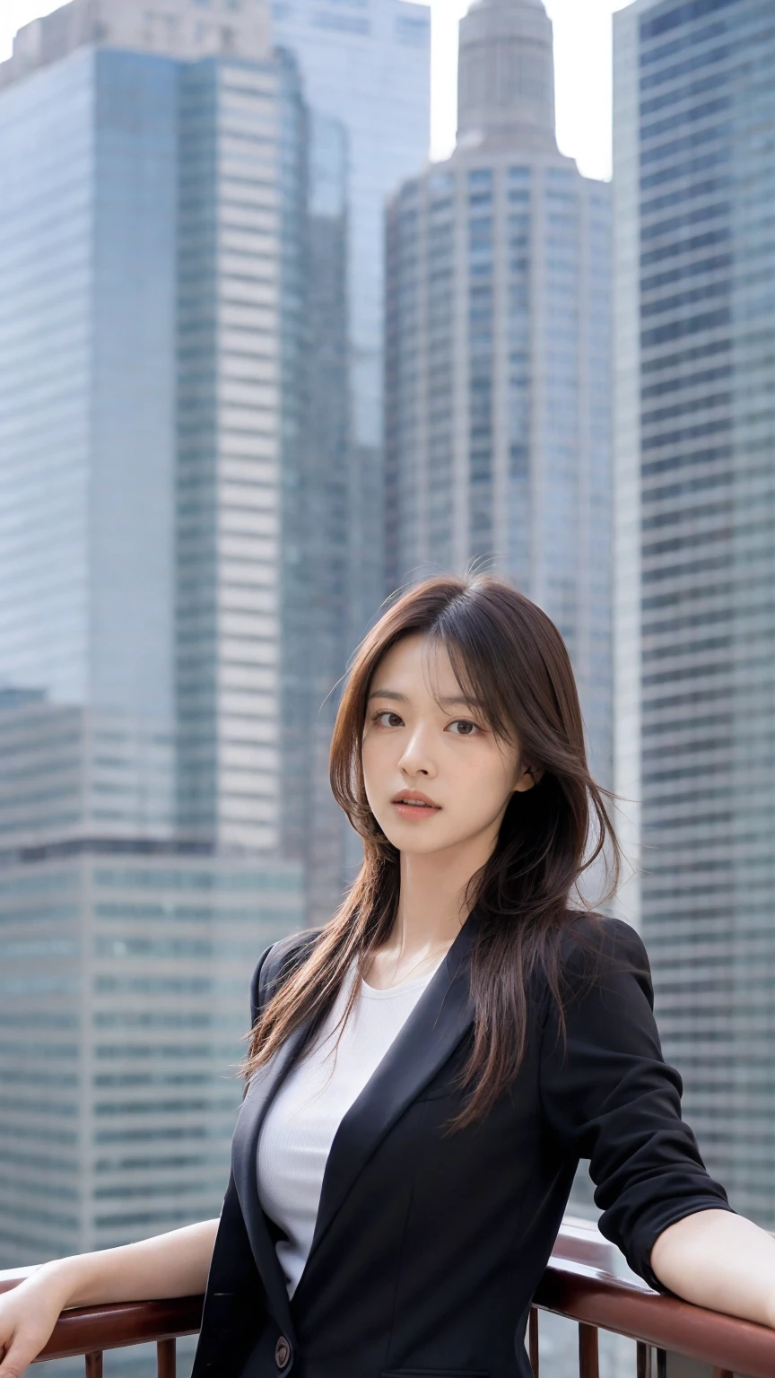 ((1girl)), in black suit shirt, she is secretary of CEO, instant camera flash, pose at balcony with New York City as a background, makeup with glossy lip, small breasts, (girl in balcony:1.4), various angle, ((faced focus)), 22 years old, Beautiful Japanese Girl, standing pose, (sfw:1.4), realistic light, realistic skin tone