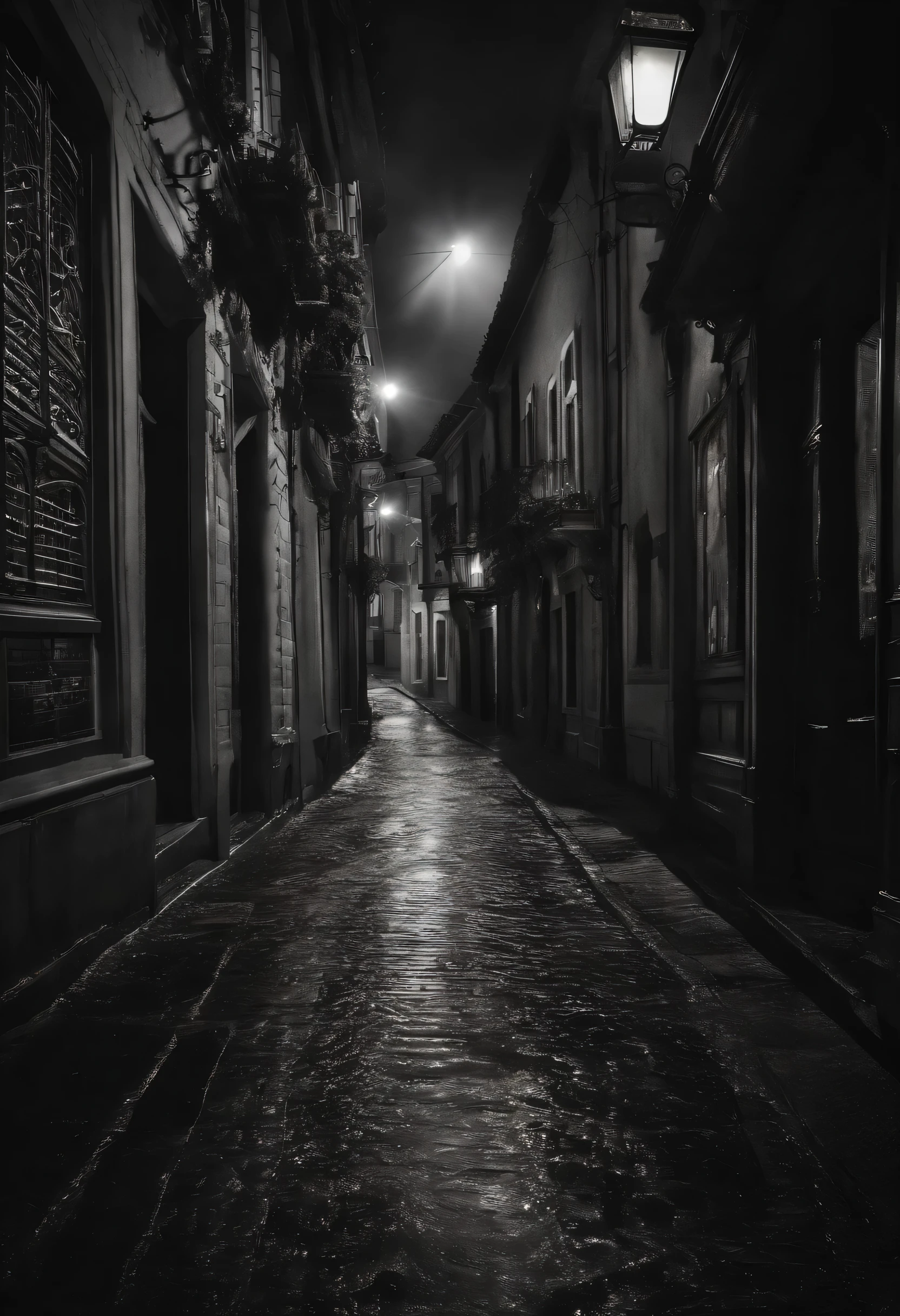 Rua Obscura, with sticky tentacles wriggling in and out of the shadowy corners of the street looking for an unwitting victim to feed on in the depths of the never-ending shadows, luz ambiente como penumbra profunda e meio densa, ground wet from partly torrential rain, Lightning partially illuminates one of the corners of the street filled with supernatural darkness, intricado, realismo, atmosfera amedrontadora e perigosa, like horror films and cosmic horror, tema como os da literatura de Howard Phillips Lovecraft e Edgar Allan Poe e Stephen King e Clive Barker.