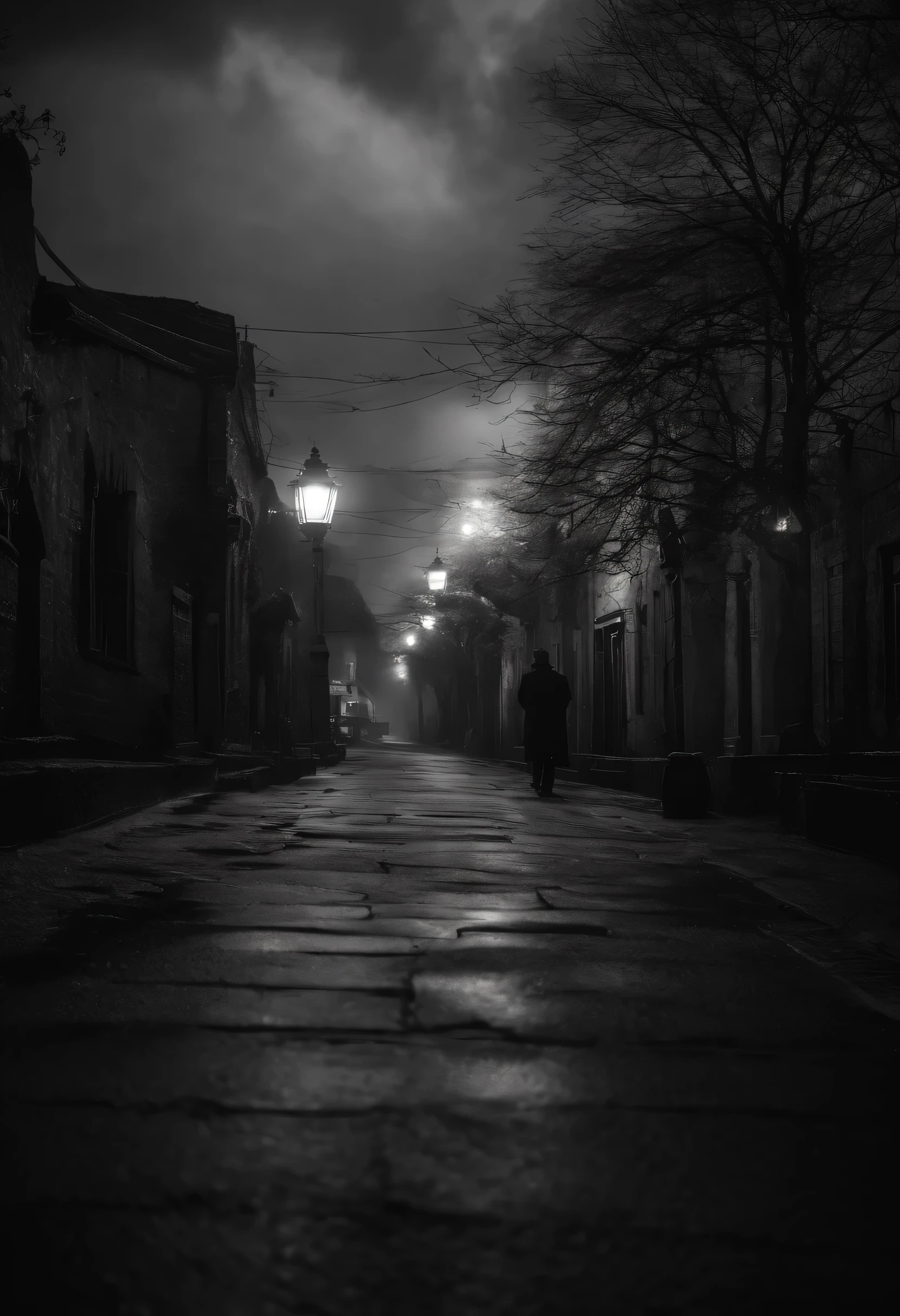 Rua Obscura, with sticky tentacles wriggling in and out of the shadowy corners of the street looking for an unwitting victim to feed on in the depths of the never-ending shadows, luz ambiente como penumbra profunda e meio densa, ground wet from partly torrential rain, Lightning partially illuminates one of the corners of the street filled with supernatural darkness, intricado, realismo, atmosfera amedrontadora e perigosa, like horror films and cosmic horror, tema como os da literatura de Howard Phillips Lovecraft e Edgar Allan Poe e Stephen King e Clive Barker.