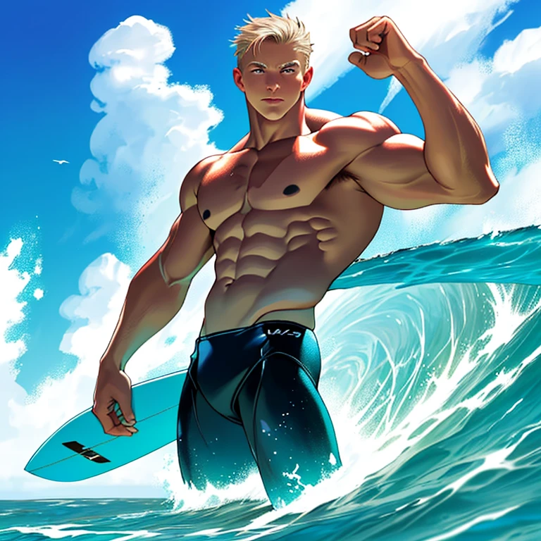 A young muscular white man.  wear bikini.  surfing in the ocean with a seductive pose