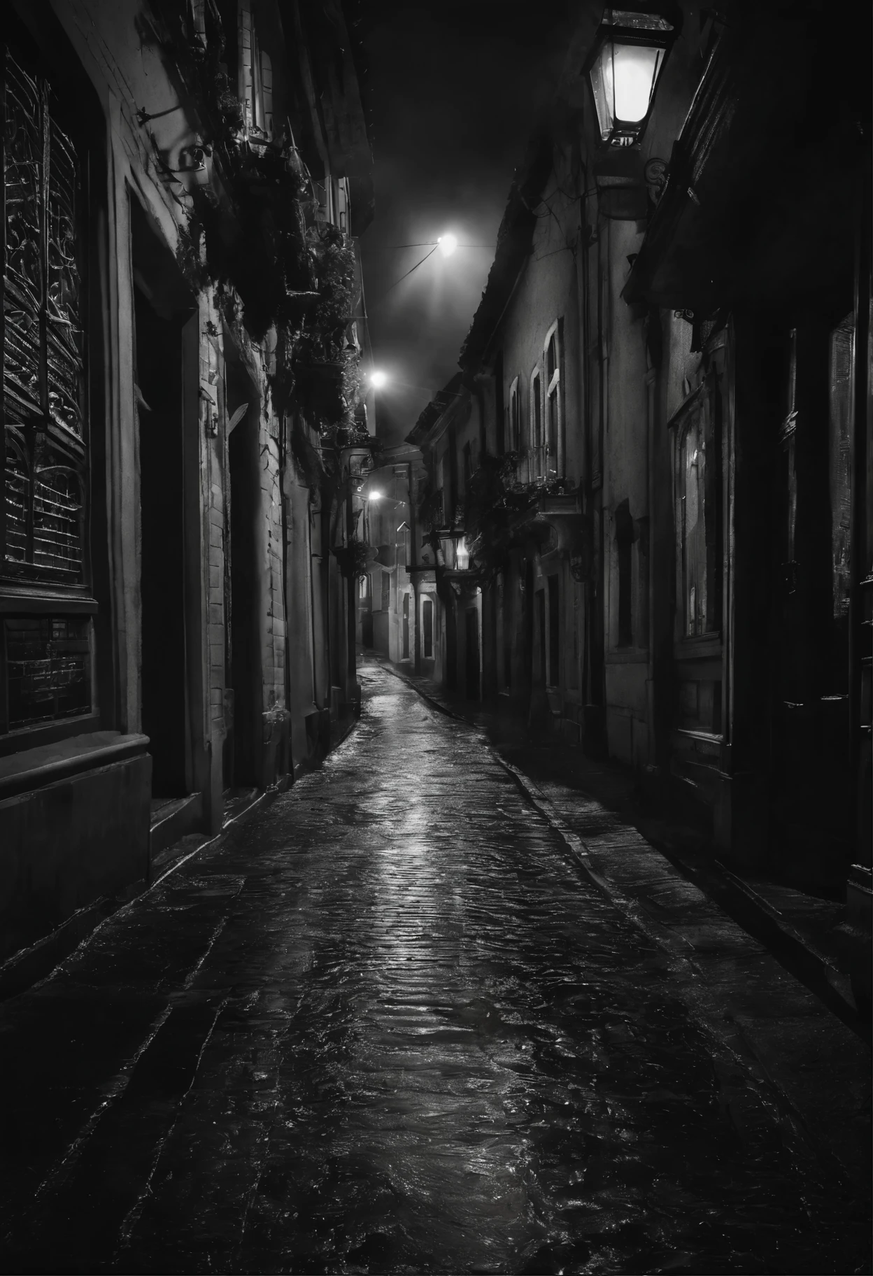 Rua Obscura, with sticky tentacles wriggling in and out of the shadowy corners of the street looking for an unwitting victim to feed on in the depths of the never-ending shadows, luz ambiente como penumbra profunda e meio densa, ground wet from partly torrential rain, Lightning partially illuminates one of the corners of the street filled with supernatural darkness, intricado, realismo, atmosfera amedrontadora e perigosa, like horror films and cosmic horror, tema como os da literatura de Howard Phillips Lovecraft e Edgar Allan Poe e Stephen King e Clive Barker.