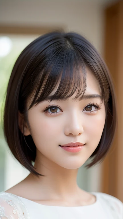 (highest quality:1.5)、(Realistic:1.5)、(1 person:1.5)、(Upper Body:1.5)、Very detailed、High resolution、8k wallpaper、、Small breasts、Natural color lips、Cute Smile、Japanese women、20-year-old girl、Beautiful and elegant face、Perfect and beautiful face、Big eyes、Brunette's eyes、Beautiful and elegant face、Perfect and beautiful double eyelids、Natural Bangs、Beautiful thin nose、Beautiful Skin、Chestnut Hair、Medium Bob Hair、Shortcuts、Natural Bangs、Perfect and beautiful face、Slim face and figure、(Looking at the camera)、Bright lighting、Professional Lighting、Forward lighting、Natural smile、Ceremony venue、dress、Beautiful cleavage、mini skirt、