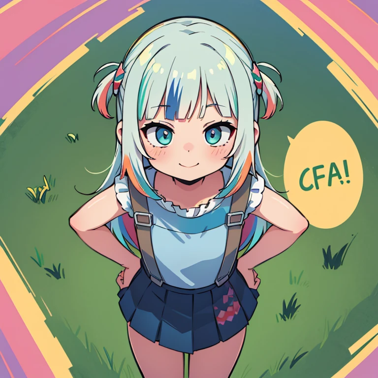 ((Giant Grass)), ((masterpiece)), (Professional photography:1.2), (High resolution:1.3), 1 girl, From above, Floating in zero gravity, (Manga style), Bright smile, (Active Pause), cute, Colorful Hair, Big eyes, sexy, (3+ Colorful Backgrounds:1.3),