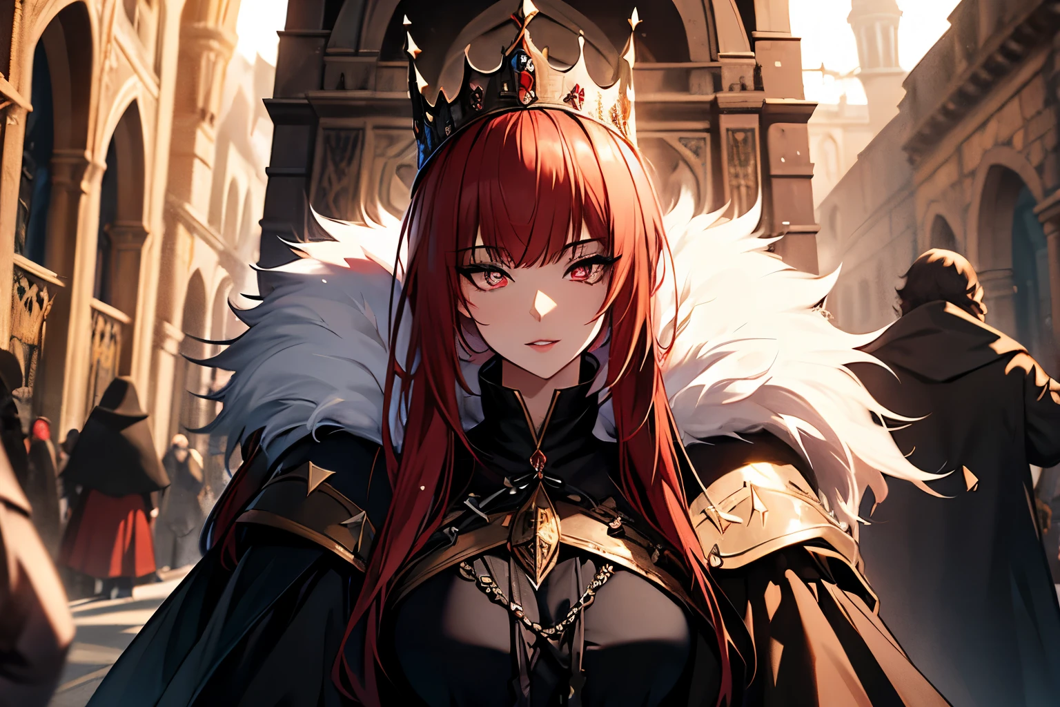 long fur jacket in black, a medieval dress in white and red, with a super voluminous skirt, round princess skirt, high collar, which covers the body from neck to toe, covered neck, super detailed face, super detailed eyes, super detailed lips ,
