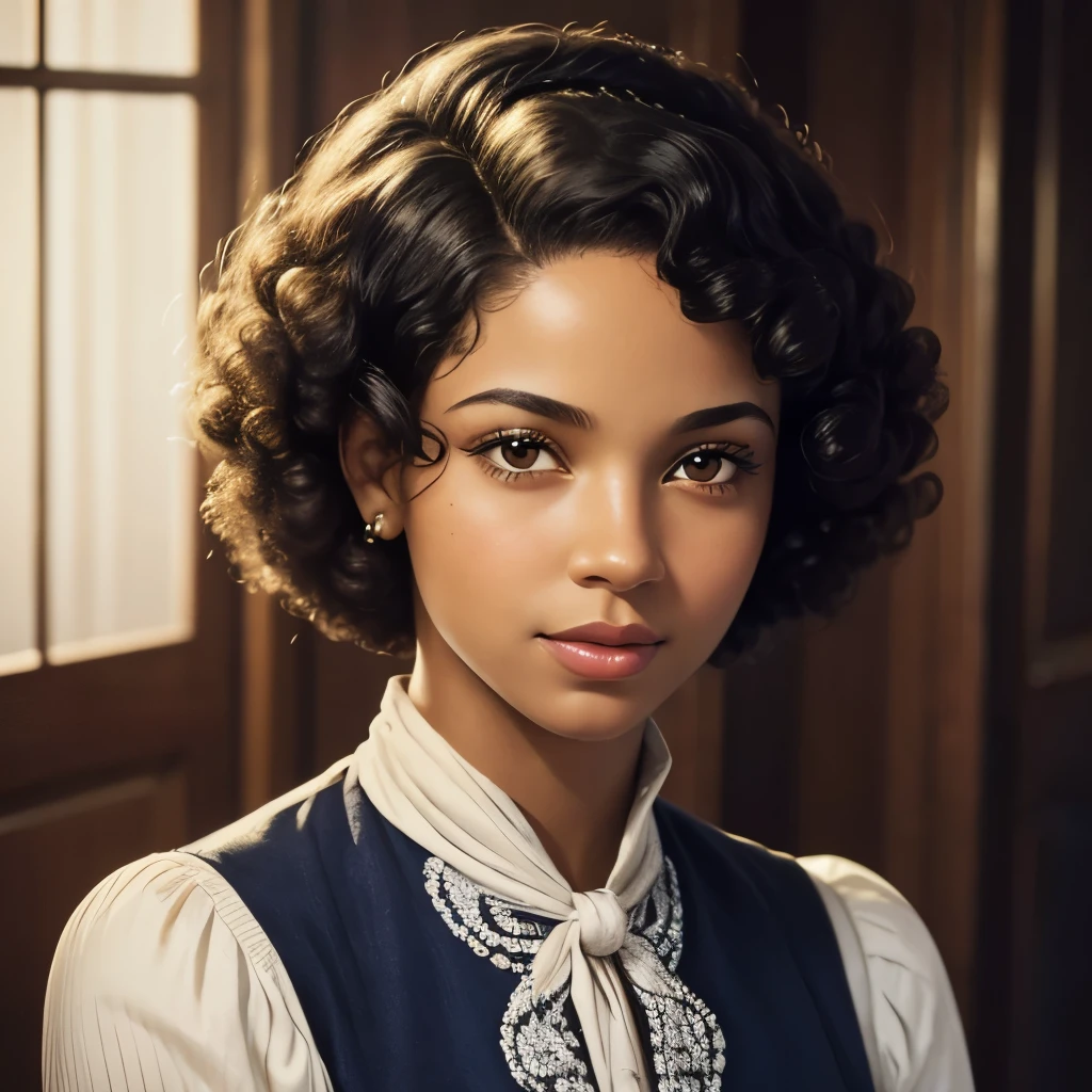 1930 american woman, 1930 portrait, biracial woman, curly afto hair style, A mixed-race Caucasian-African woman, african nose, Fleshy lips, clear skin, 1930 photo style, 1930 portrait style, 1930 phot filter, aristocratic clothes