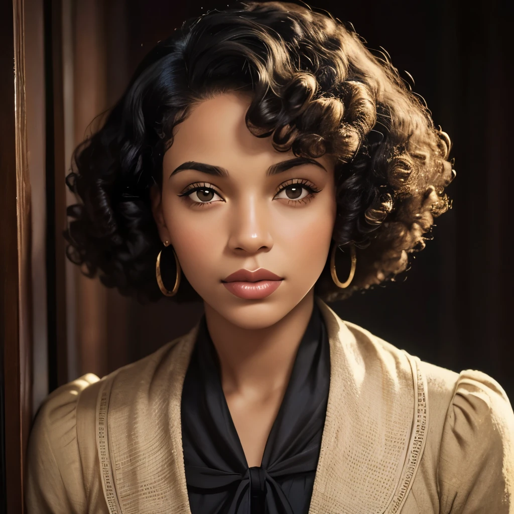 1930 american woman, 1930 portrait, biracial woman, curly afto hair style, A mixed-race Caucasian-African woman, african nose, Fleshy lips, clear skin, 1930 photo style, 1930 portrait style, 1930 phot filter, aristocratic clothes