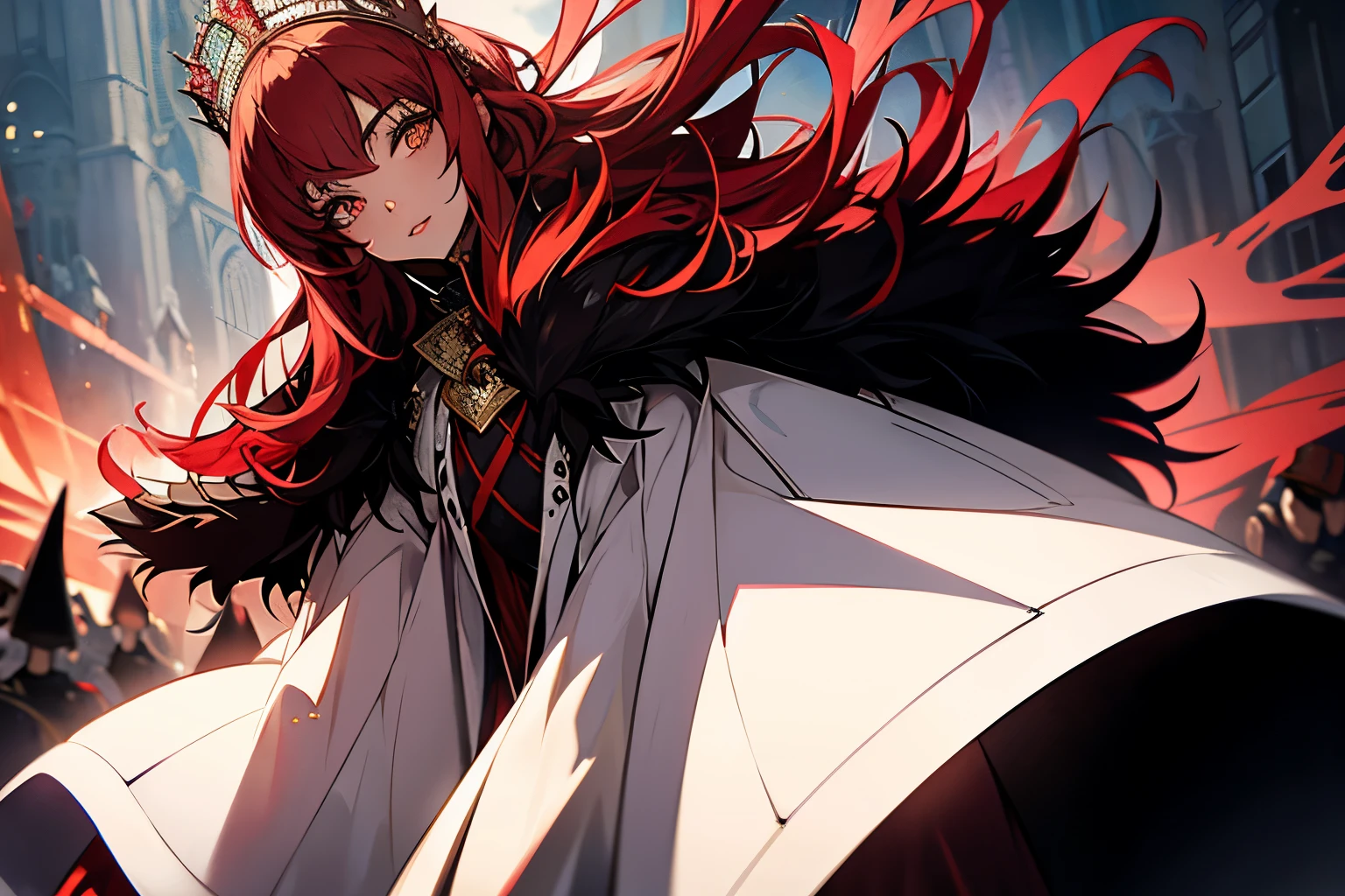 long fur jacket in black, a medieval dress in white and red, with a super voluminous skirt, round princess skirt, high collar, which covers the body from neck to toe, covered neck, super detailed face, super detailed eyes, super detailed lips ,
