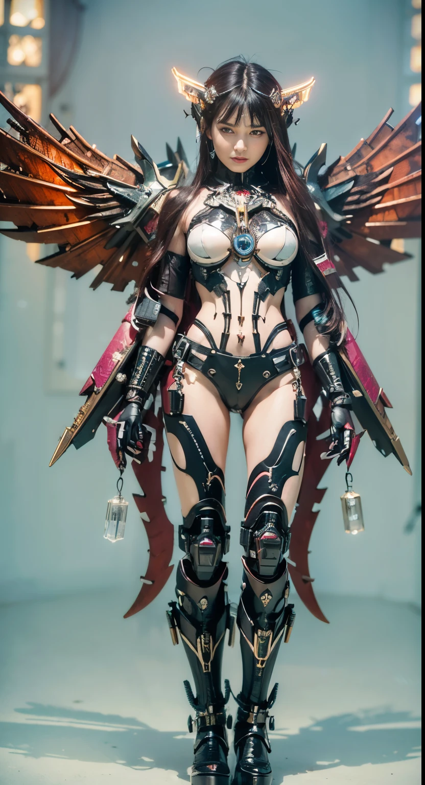 (top-quality:1.2, masterpiece)、ultra high resolution、extremely ultra surrealism, (Photorealsitic:1.4)、Raw photo、(Steampunk Battle Cyborg fallen angel)、large wings made of metal、black porcelain body、red  hair、glowy skin、1 Cyborg girl、(mechanical frame:1.3)japanese, extremely cute face,  ((super realistic details))、portrait、globalillumination、Shadow、octan render、8K、ultrasharp、character edge light、Details of complex ornaments、Acrylic Clear Cover、Sumerian details、Hydraulic cylinder、Small LED lamp、highly intricate detail、Realistic light、a purple eye、radiant eyes、Facing the camera、neon details、cowboy  shot、Futuristic headgear、About Cyberpunk