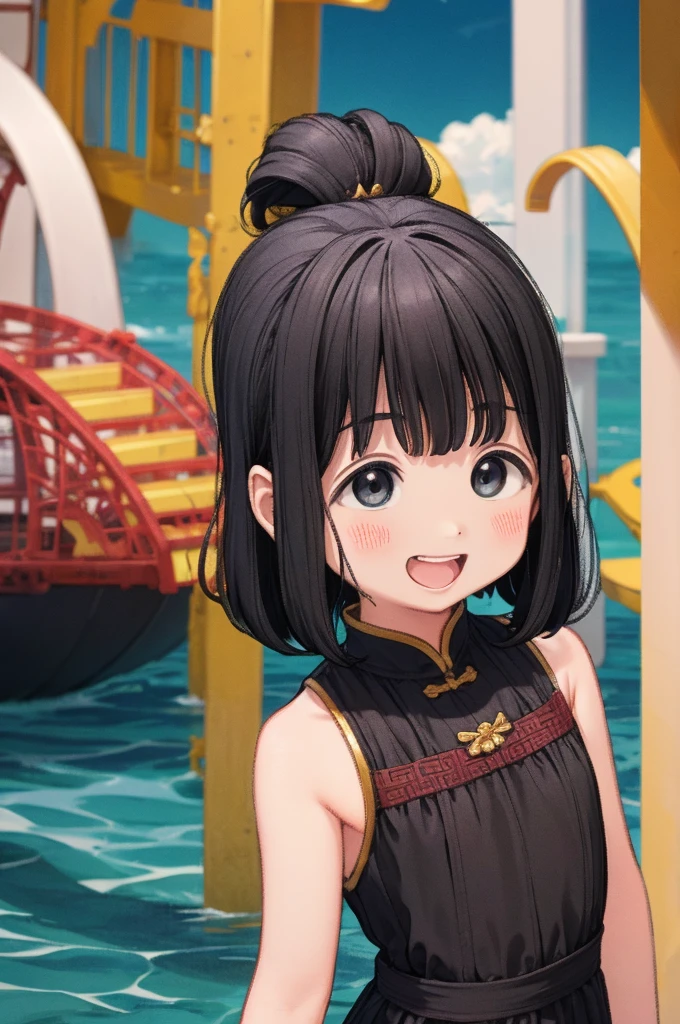 Little Girls ,  (Black Chinese Dress:1.3) , (Small body:1.5) , Black Hair , Ocean ,  Laughing , playing ,