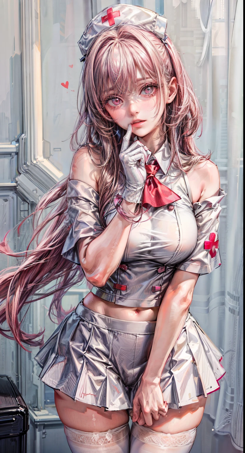 (best quality,highres:1.2),ultra-detailed,realistic:1.37,portrait,nurse cap,detailed face,heart-shaped pupils,pink nurse uniform,loves students,off-shoulder,Red Cross,slim girl,physically-based rendering,white stockings,on your belly.