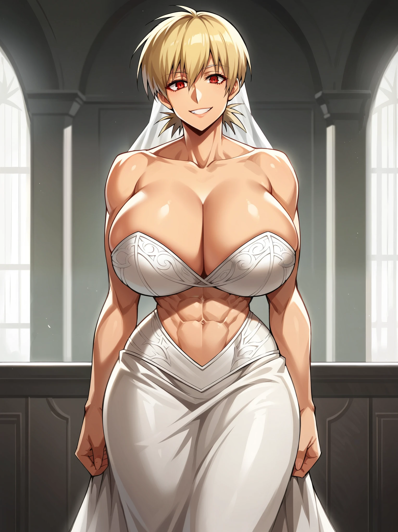 score_9, score_8_up, score_7_up, 1girl, looking at viewer, wedding gown, standing wedding, indoors, hellsing, blonde, red eyes, huge breasts, rating:safe, sfw, closeup, solo, abs, narrow waist, tiny waist, mature female, smile