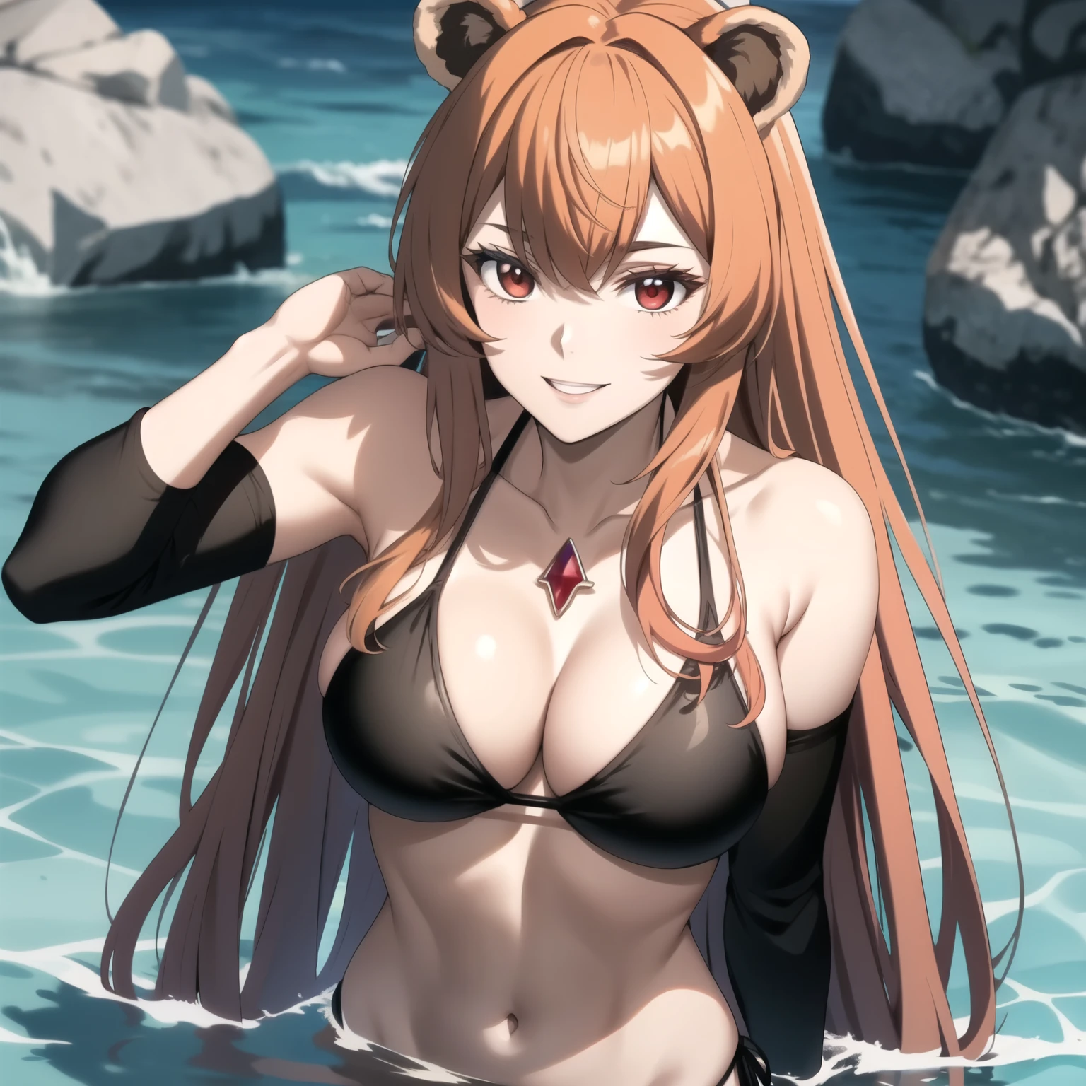 orejas de oso, Raphtalia woman 30 years old bright orange hair, orejas de oso, red eyes like rubies, pale skin, pechos grandes , bikini rojo, accesorios, cocky smile, fondo una playa de arena blanca, cuerpo completo. manos perfectas. gotas de agua en su pecho, pose provocativa, cabello naranjo brillante. orejas de oso, orejas de oso , manos perfectas. conceited, flequillo en triangulo.
