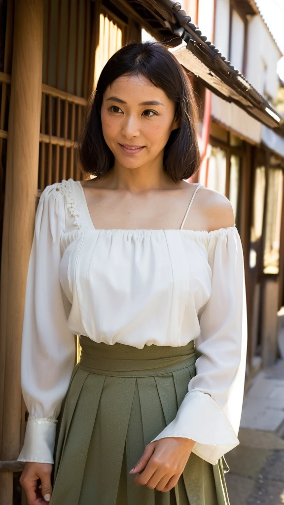 ((Top Quality)), ((8K)), ((Masterpiece: 1.3)), (Perfect Appearance), (Photorealism: 1.6), (Japanese woman standing in an old Japanese townscape: 1.6), (Kyoto), (clear background), japanese woman, (48 years old), ((Standing upright, facing forward, center of screen)), ((Realistic skin texture)), (Fine wrinkles throughout the skin: 1.3), (Dull skin: 1.1), (Skin without moisture: 1.2) , (Wrinkles on the face: 0.9), (Wrinkles on the corners of the eyes: 1.2), Double eyelids, tear bags on the lower eyelids, (Crying moles: 0.9), The eyes are looking here, serious gaze, (Dimples: 1.2), smile with the corners of the mouth raised wide, straight medium length, soft fabric blouse, (through white blouse: 1.3), (Plump and glamorous body), (wide sleeves), (Cuffs that fit your wrist), (The hem of the blouse is tucked into the skirt: 1.2), flare skirt, high heels, (focus on upper body: 1.3), (low angle: 1.4),