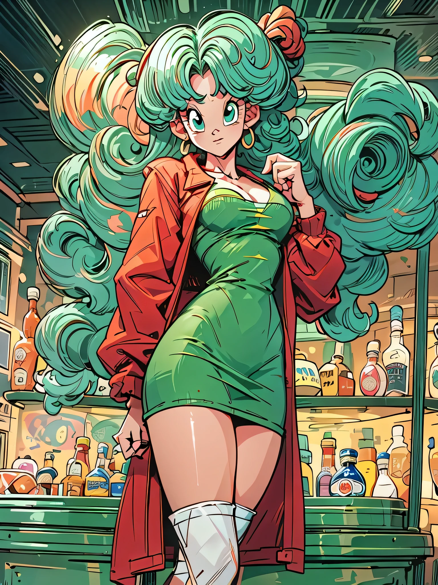 Masterpiece, ultra detailed, best quality, 8k, !(beautiful bulma in a nightclub, long and curly aqua hair with a pompadour, green eyes, perfect body, she wears a tight and short red cotton dress with long sleeves and a low neckline on her chest, transparent pantyhose and high boots above the knee, she stands standing in front of a disco bar) 