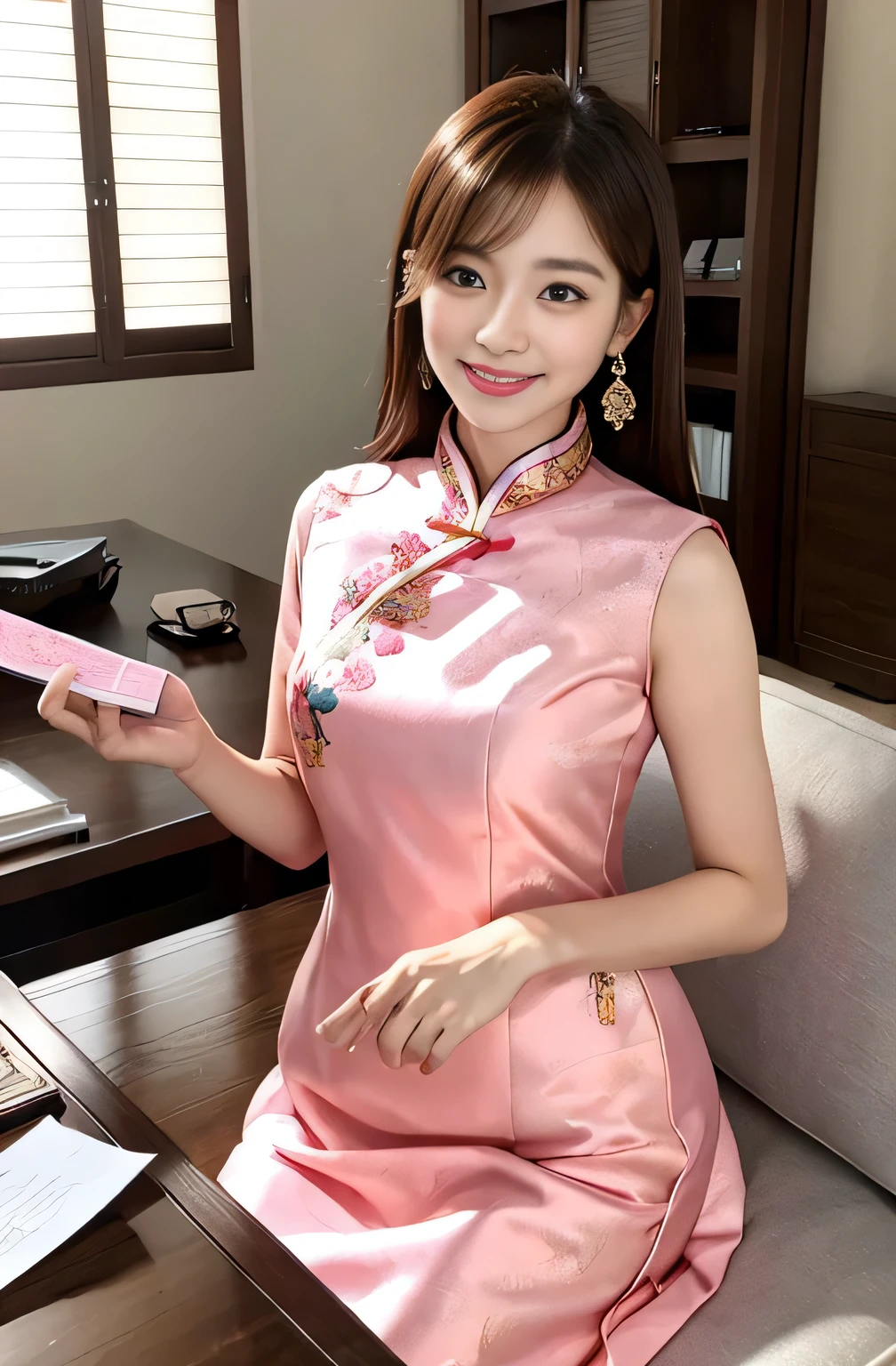 highest quality, masterpiece, Middle-aged woman sitting on sofa, Gorgeous Young Korean Woman, Beautiful Asian Girl, Gorgeous Chinese Model, Smooth pink skin, Friendly and seductive smile, Cute seductive smile, Beautiful young Korean woman, Beautiful Korean Women, Korean Girls, trend, Japanese Goddess, Young and pretty girl, With a captivating smile, Beautiful girl model, Black choker, Blue Eyes, Long eyelashes, bangs, ((Slim face, Documents on the table)), ((Pink Chinese Dress)), Earrings, High nose, Upper-class women, meeting, Bright interior, Slim body, Big Breasts、Pink clothes