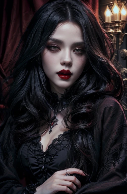 Gothic woman with long black hair and red lips posing for a photo., hermosa reina vampiro, cara linda. dark fantasy, dark fantasy style art, hermosa reina femenina vampiro, retrato de una dama vampiro, Vampire Fantasy, retrato de hermosa vampira, vampiro oscuro, beautiful vampiro femenino, retrato de vampiro, dark fantasy mixed with realism, vampiro femenino, gothic fantasy art, dark fantasy style
