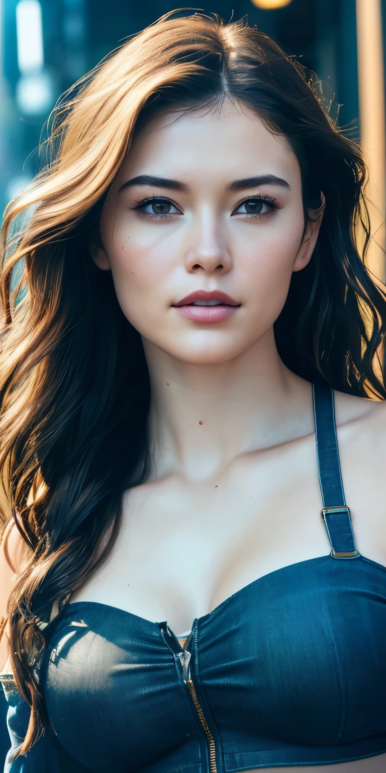 Full face portrait photo of 25 year old European girl, RAW, beautiful woman, semi-open strawberry lip, dimples, wistful expression, (brown hair with extra long wavy), ((detailed face)), ((detailed facial features)), (fine detailed skin), pale skin, cyberpunk megacity environment, (cool color), moist, damp, reflection, (masterpieceShot with Canon EOS R5 (detail) (Realistic photos) (Detailed details) 50mm lens, f/2.8, HDR, (8k) (wallpaper) (cinematic lighting) (dramatic lighting) (sharp focus) (complex), RAW photography, RAW photography, gigachad photography, camera pose, black jeans, back arm, 8k uhd, dslr, high quality, Grain Film, Fujifilm XT3, Film Stock Photo 4 Kodak Portra 400 Camera F1.6 Lens Rich colors Ultra-realistic textures Dramatic lighting Unreal Engine Art Station Trends Cinestill 800 Tungsten, Toughboy Style, Ultra Focus Face, Intimidating, Fighting Position, Short Messy Hair, Muscles, Bursting Veins, Beads, (( off-shoulder crop top)),