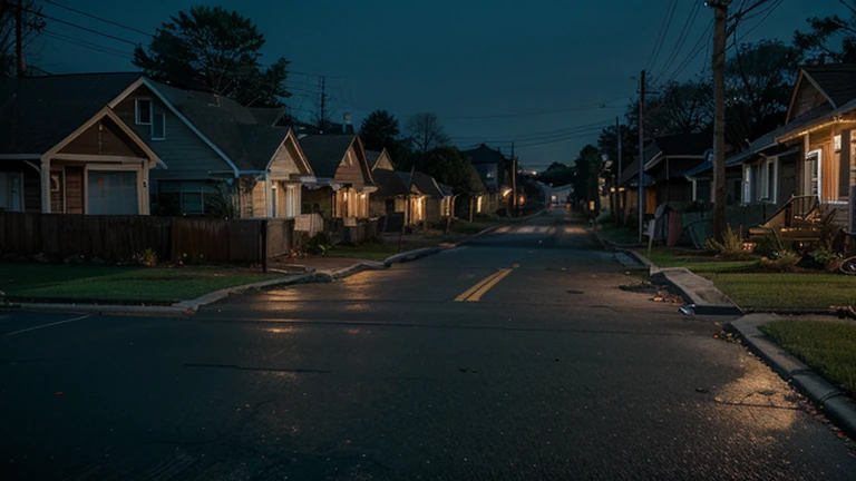 Visual Prompt: A rundown suburban street at dusk, with flickering streetlights and boarded-up houses.