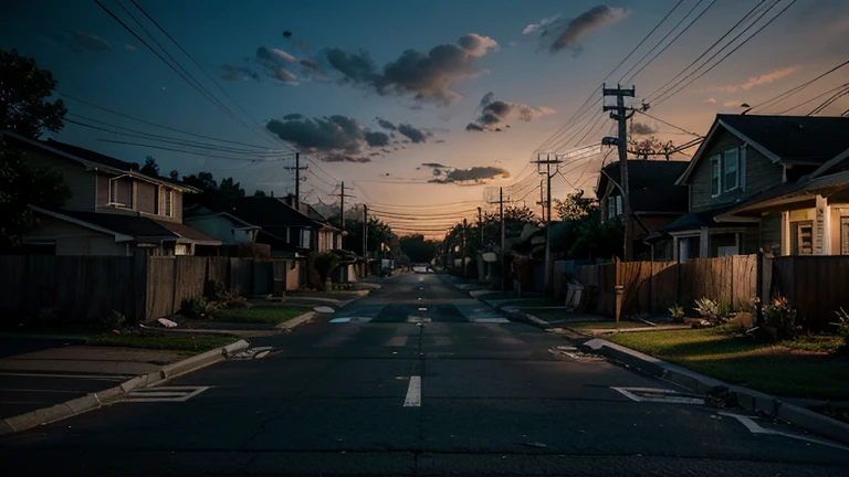 Visual Prompt: A rundown suburban street at dusk, with flickering streetlights and boarded-up houses.