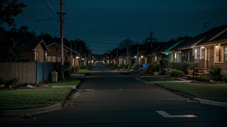 Visual Prompt: A rundown suburban street at dusk, with flickering streetlights and boarded-up houses.