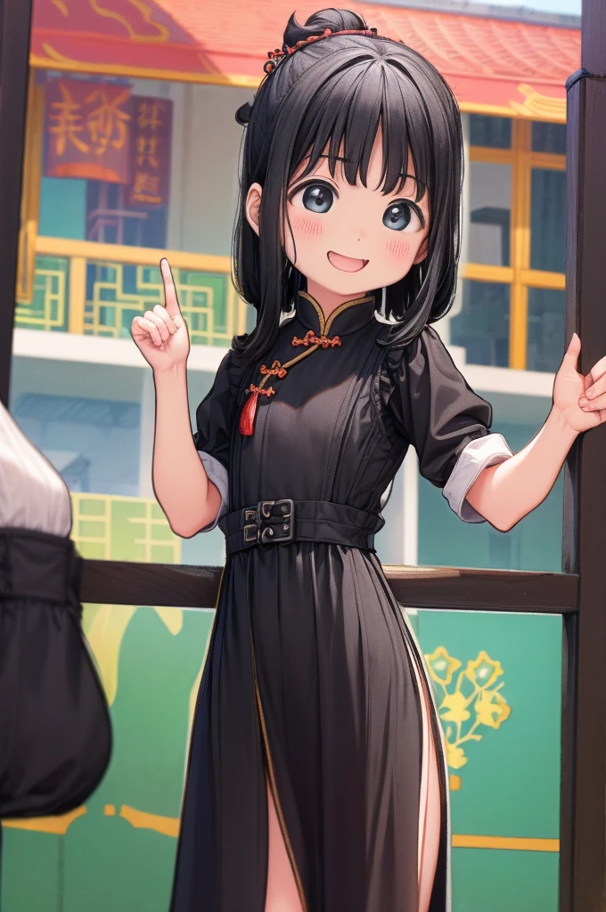 There are lots of s , (Black Chinese Dress:1.3) , (Small body:1.5) , Black Hair , village , Laughing , playing ,