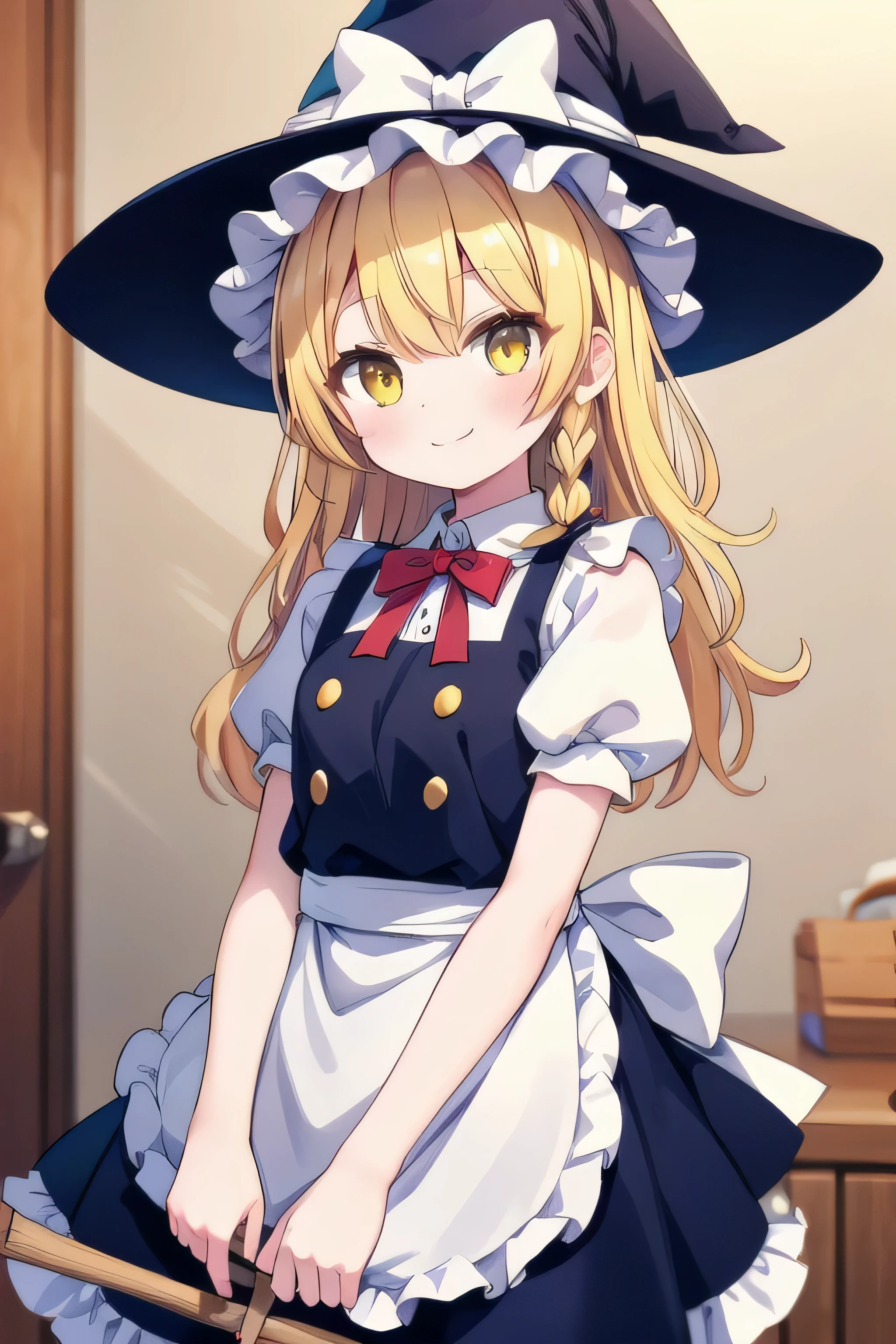 masterpiece, top quality, super detailed, CG illustration, high resolution, better lighting, best shadows, very delicate and beautiful, proper shading, hd, 8k,kirisame marisa, 1girl, solo, long hair, looking at viewer, smile, blonde hair, hat, bow, ribbon, yellow eyes, braid, short sleeves, hair bow, puffy sleeves, apron, vest, puffy short sleeves, single braid, witch hat, hat bow, waist apron, broom, purple bow, broom riding