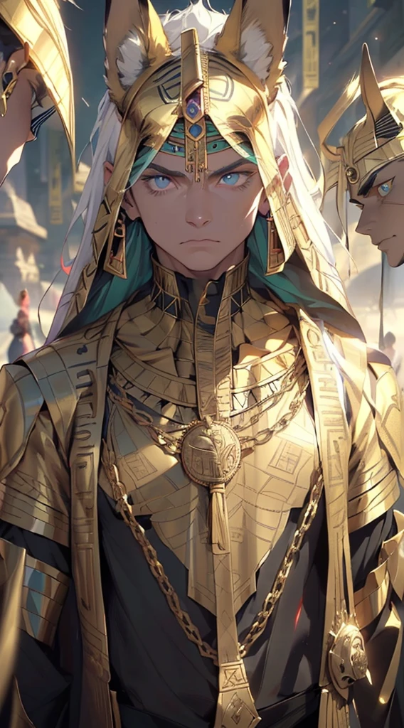 (male) of ancient Egypt,Egyptian,((((1male,1 male, 1man, 1 man:1.5,man,male,male gender:1.5)))),,macho man,
(((eyes golden:1.3))),intricate eyes,beautiful detailed eyes,symmetrical eyes,(ultra-detailed black eyes:1.1,symmetrical eyes:1),man chest,muscle chest,muscle,muscular,
opulent,sumptuous,
jewelry, ((anubis, egyptian jackal headed god, anthro)), (holding golden scales),golden armor:0.25,black & gold cape,((intricate outfit)),
dynamic pose,looking at viewer,angry ,centered,scale to fit dimensions,Rule of thirds,
outdoors,pillars,((pillars background,egyptian palace,egyptian palace background,pyramids in the background)),scenery,extremely scenery,(puddles everywhere,moss,moss on the background),sunset, golden hour),
(Glossy Egyptian ornaments),(top-quality,8K,32K,masterpiece),high resolution,(Photorealistic:1.4),Ray tracing,Sun glare,depth of fields,By backlight effect,Add depth to your screen,(((vibrant colors,vibrant theme))),(intricate),(high contrast,photorealistic artwork:1.37),(best quality,4k,highres,masterpiece:1.2),ultra-detailed,(realistic,photorealistic,photo-realistic:1.37),professional,