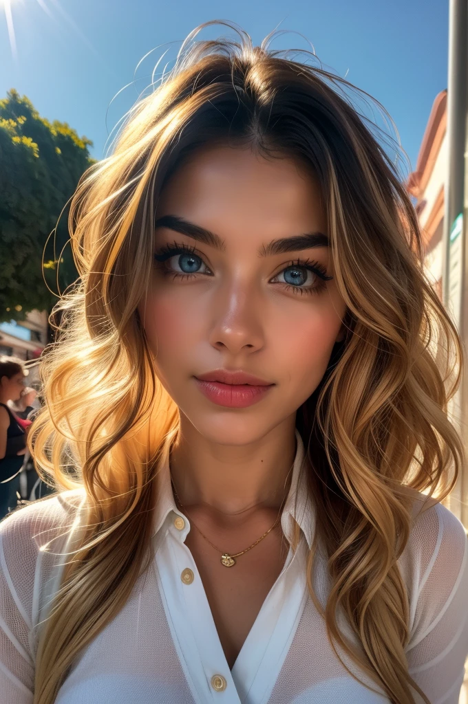 professional photograph of a beautiful Italian girl in summer clothes with long wavy blonde hair and a pair of bright blue eyes, olhar sensual e sedutor, sardas, beautiful symmetrical face, linda maquiagem natural, wearing short clothes ideal for summer, parada do lado de fora na rua ensolarada da cidade