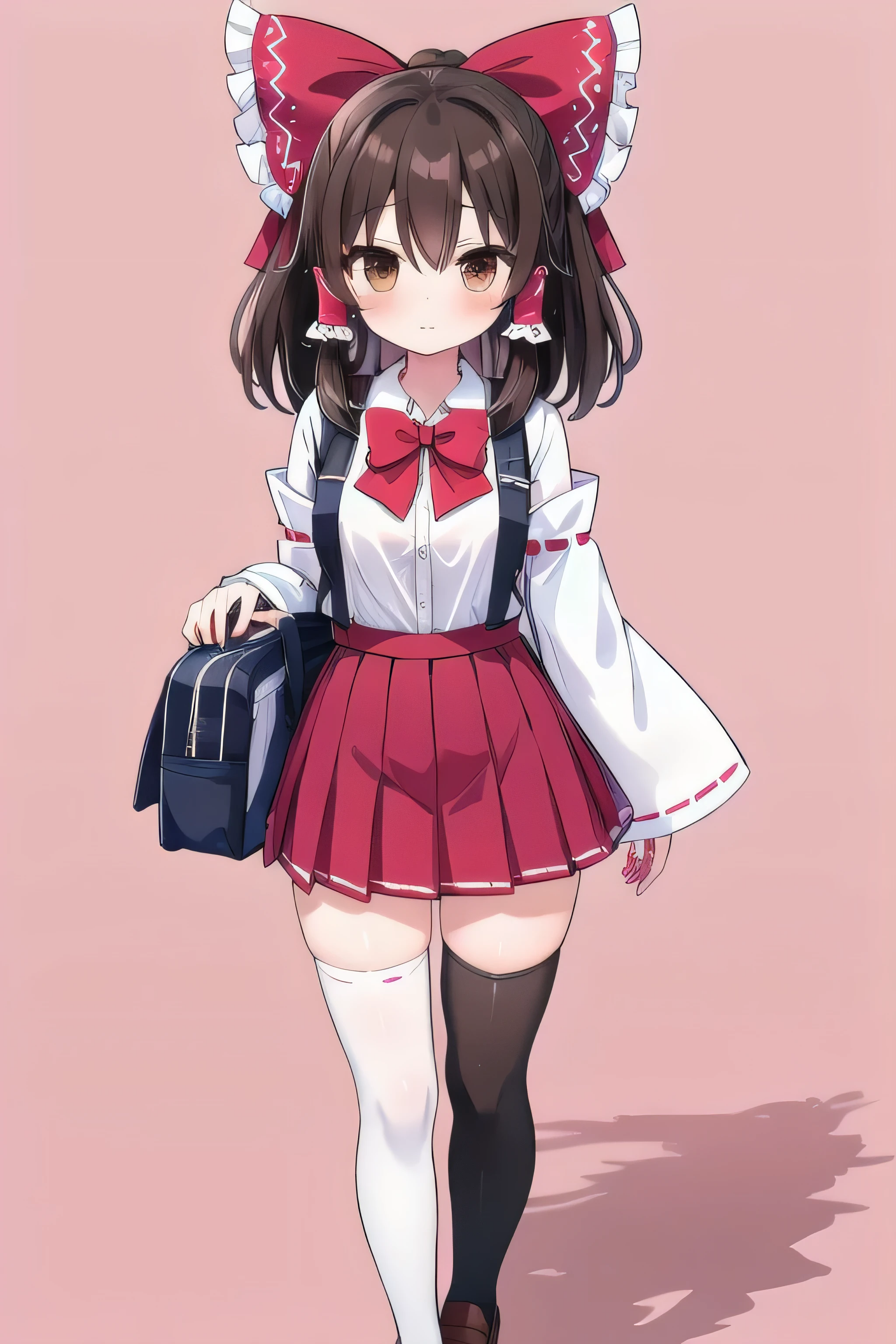 hakurei reimu, 1girl, solo, breasts, looking at viewer, bangs, skirt, brown hair, shirt, black hair, thighhighs, bow, brown eyes, , standing, full body, white shirt, hair bow, sidelocks, pleated skirt, shoes, alternate costume, black thighhighs, miniskirt, bowtie, bag, red bow, zettai ryouiki, red skirt, hair tubes, pink background, loafers, red bowtie, sleeves rolled up, school bag, contemporary, frilled bow, masterpiece, top quality, super detailed, CG illustration, high resolution, better lighting, best shadows, very delicate and beautiful, proper shading, hd, 8k,