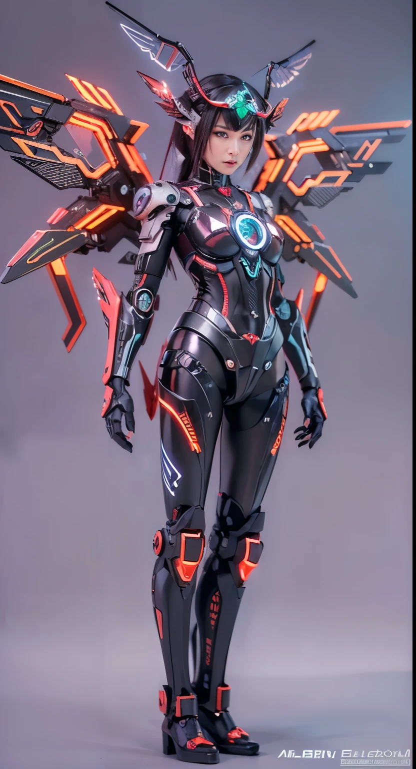 (top-quality:1.2, masterpiece)、ultra high resolution、extremely ultra surrealism, (Photorealsitic:1.4)、Raw photo、(Battle Cyborg), (fallen angel)、large wings made of metal、black porcelain body、red hair、glowy skin、1 Cyborg girl、(mechanical frame:1.3)japanese, extremely cute face, ((super realistic details))、portrait、globalillumination、Shadow、octan render、8K、ultrasharp、character edge light、Details of complex ornaments、Acrylic Clear Cover、Sumerian details、Hydraulic cylinder、Small LED lamp、highly intricate detail、Realistic light、a purple eye、radiant eyes、Facing the camera、neon details、cowboy shot、Futuristic headgear、About Cyberpunk