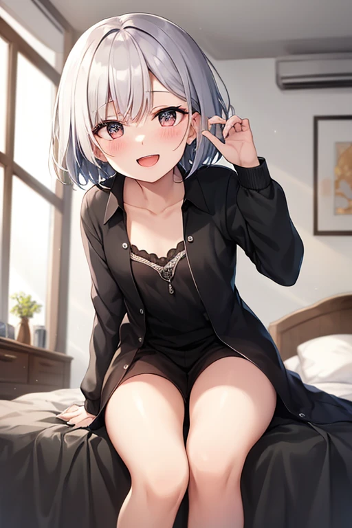 ((highest quality)), ((masterpiece)), (be familiar with), Perfect Face, indoor, Bedroom, Watching the audience,
One woman, Antiline Helan Fouché,
Open Mouth, Ecstatic expression, blush, smile,
Small breasts, Flat Chest, Young Girl, , , Girl,
Short Hair, Black and white hair, Two-tone color, Black and white eyes, Odd Eye, short hair,
Leg spread,