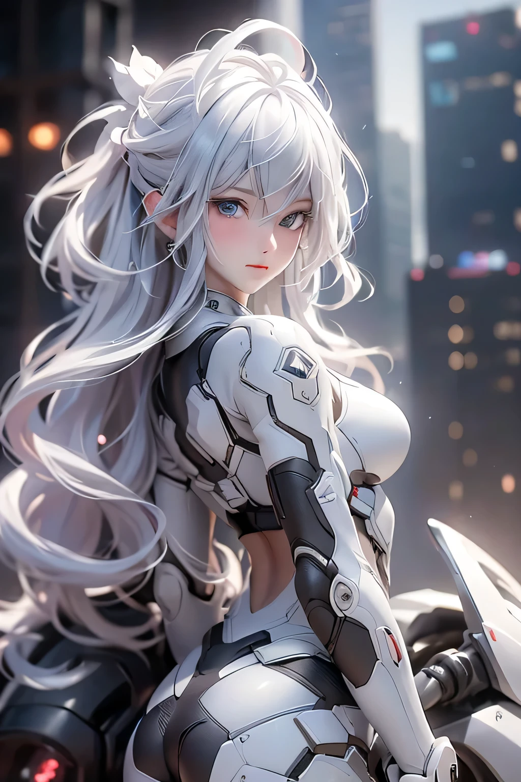 ((masterpiece)), (detailed:1.4),Realistic、 Images of cyberpunk women,Dynamic pose、A dynamic pose、High resolution(High Dynamic Range),Ray Tracing,NVIDIA,Super Resolution,PBR Textures,Post-processing,Anisotropic Filtering,Maximum depth of field resolution and crisp layer textures,Albedo and Specular Maps,Surface Shading,Accurate simulation of material interactions,Perfect balance,Rendering with Octane,2-color light,Large Diameter,Low ISO,White balance,Rule 3 points、8K raw data、Backlight、(Gray hair that changes with light、length bangs that block the view、length, Lustrous gray hair、Smooth and straight hair、WHITE hair fluttering in the wind、Beautiful Bangs)、(Beautiful, glowing skin、Cheek gloss highlight、Sexy and very beautiful and adorable face、The most beautiful face in the world、big, Sparkling blue eyes)、(Cute 25 year old girl、Ample breasts、Small waist、Delicate shoulders、Perfect figure)