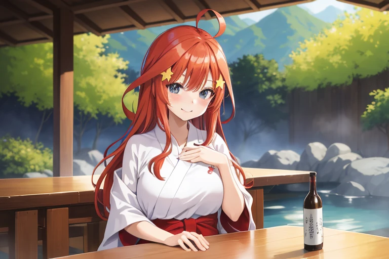 2d, masterpiece, best quality, anime, highly detailed, 5 girl, photo of 5 girl, quintuplets, nakano itsuki, red hair, long hair, star hair ornament, ahoge, large breasts, standing, onsen, open white mini yukata, outdoors, smile, round table, sitting