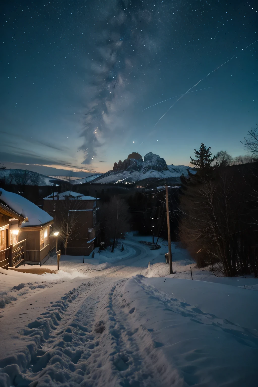 Faca Uma paisagem montanhosa, wide and breathable, com picos cobertos de neve e trilhas sinuosas ladeadas por pinheiros antigos. The air is cold and pure, And at night, a starry sky offers a natural light show, em um ambiente selvagem, without buildings and with sunlight