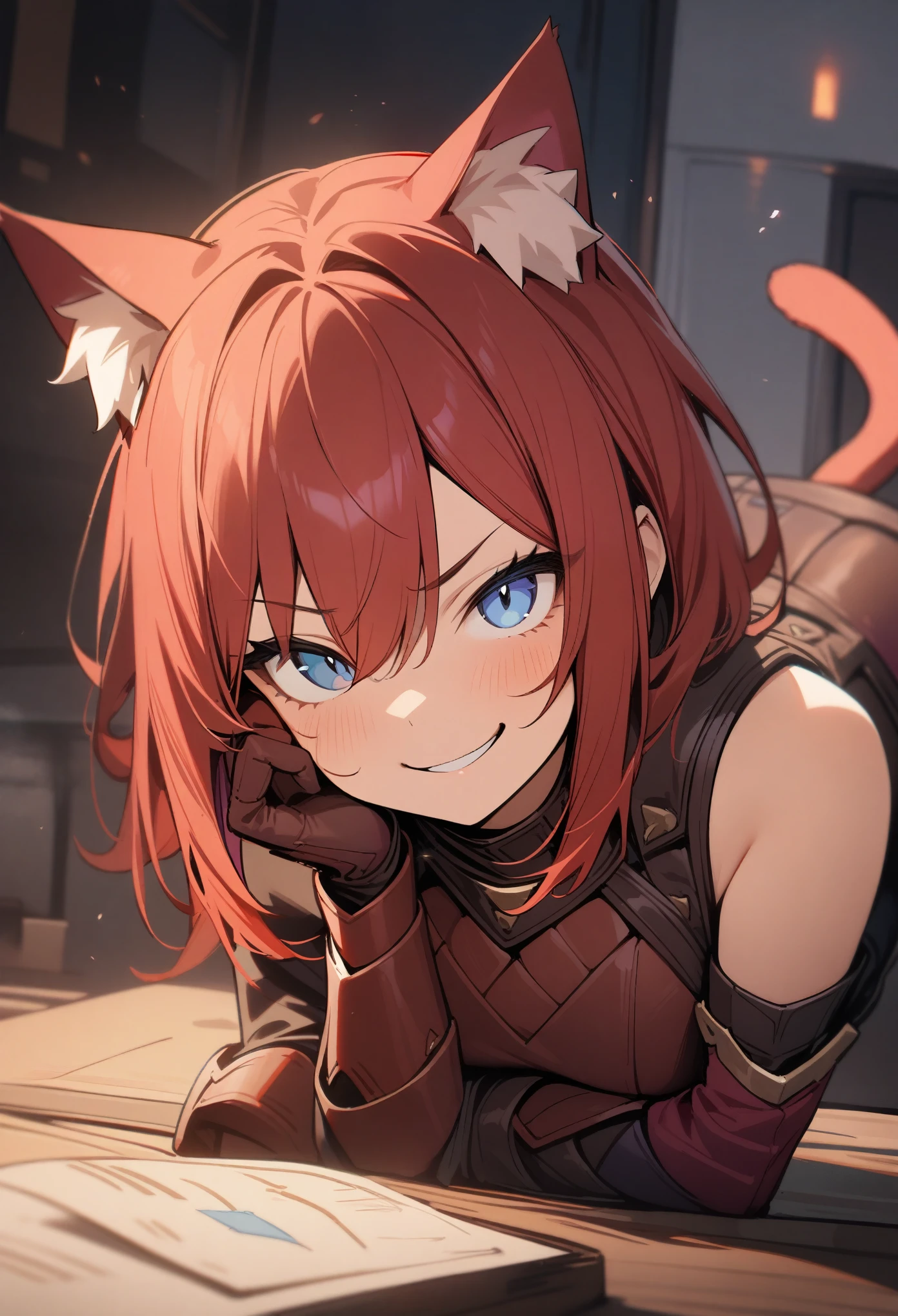 1girl, cat ears, blue eyes, red hair with streaks of purple, playful smirk, leather armor, cat tail, masterpiece, best quality