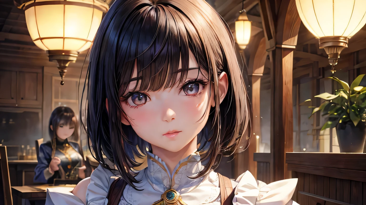 highest quality、masterpiece、Ultra-high resolution、Detailed and highest quality depiction of the upper body、Detailed and highest quality hair depiction、Detailed and highest quality eye depiction、(Realistic:1.4)、1 female、28 years old、Super big 、The ultimate beauty、so beautiful, Shiny, Light、short hair、Bangs that cover the eyes、片Bangs that cover the eyes、Very large bright eyes、Eye highLights、charm、Detailed steampunk costumes、Steampunk medieval background、Gear elements、Sepia、vapor、