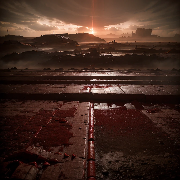 A wasteland where the sky rains a blood and its just hundreds of miles of openess where flesh covers the floor and a thick red fog is covering everything it looks like a photo was taken its so blury and distorted