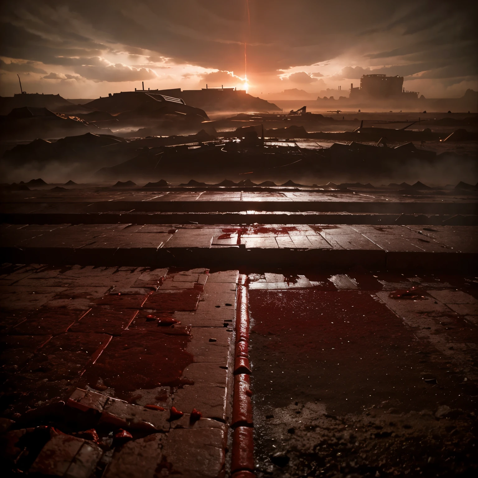 A wasteland where the sky rains a blood and its just hundreds of miles of openess where flesh covers the floor and a thick red fog is covering everything it looks like a photo was taken its so blury and distorted