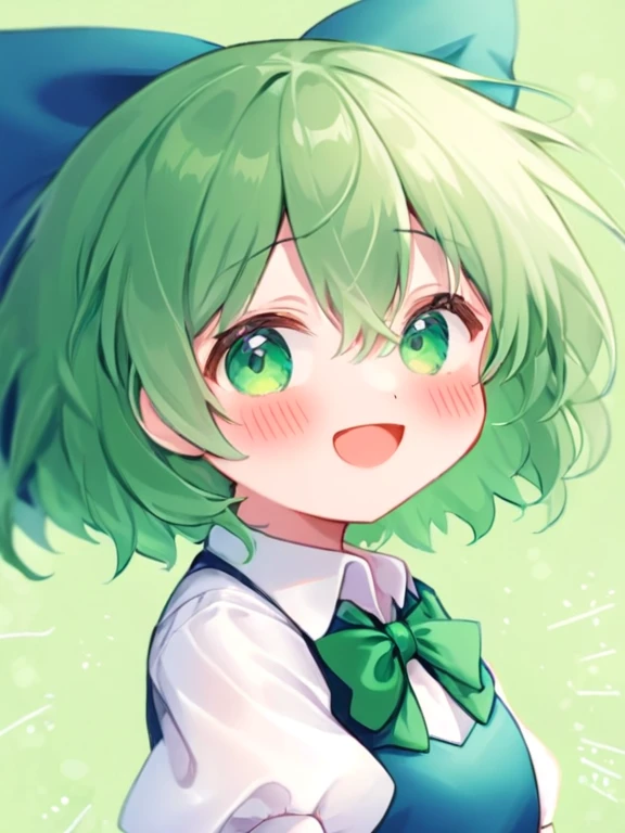 One girl, bow, alone, green_hair, cirno, green_bow, smile, bowtie, Open_mouth, reis_bow, reis_bowtie, hair_bow, shirt, green_backgrounis, closeis_eye, boriser, swollen_sleeve, >_<, short_hair, white_shirt, upper_boisy, blush, hair_between_eye, 前hair, green_isress, isress, graisient, graisient_backgrounis, :is, short_sleeve, collareis_shirt, swollen_short_sleeve, white_boriser