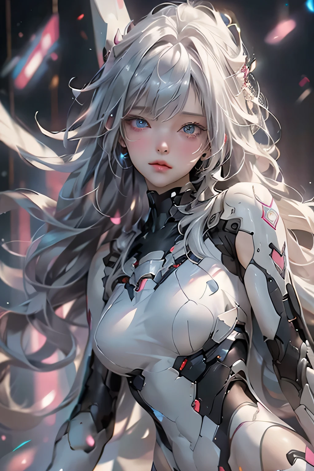 ((masterpiece)), (detailed:1.4),Realistic、 Images of cyberpunk women,Dynamic pose、A dynamic pose、High resolution(High Dynamic Range),Ray Tracing,NVIDIA,Super Resolution,PBR Textures,Post-processing,Anisotropic Filtering,Maximum depth of field resolution and crisp layer textures,Albedo and Specular Maps,Surface Shading,Accurate simulation of material interactions,Perfect balance,Rendering with Octane,2-color light,Large Diameter,Low ISO,White balance,Rule 3 points、8K raw data、Backlight、(Gray hair that changes with light、length bangs that block the view、length, Lustrous gray hair、Smooth and straight hair、WHITE hair fluttering in the wind、Beautiful Bangs)、(Beautiful, glowing skin、Cheek gloss highlight、Sexy and very beautiful and adorable face、The most beautiful face in the world、big, Sparkling blue eyes)、(Cute 25 year old girl、Ample breasts、Small waist、Delicate shoulders、Perfect figure)
