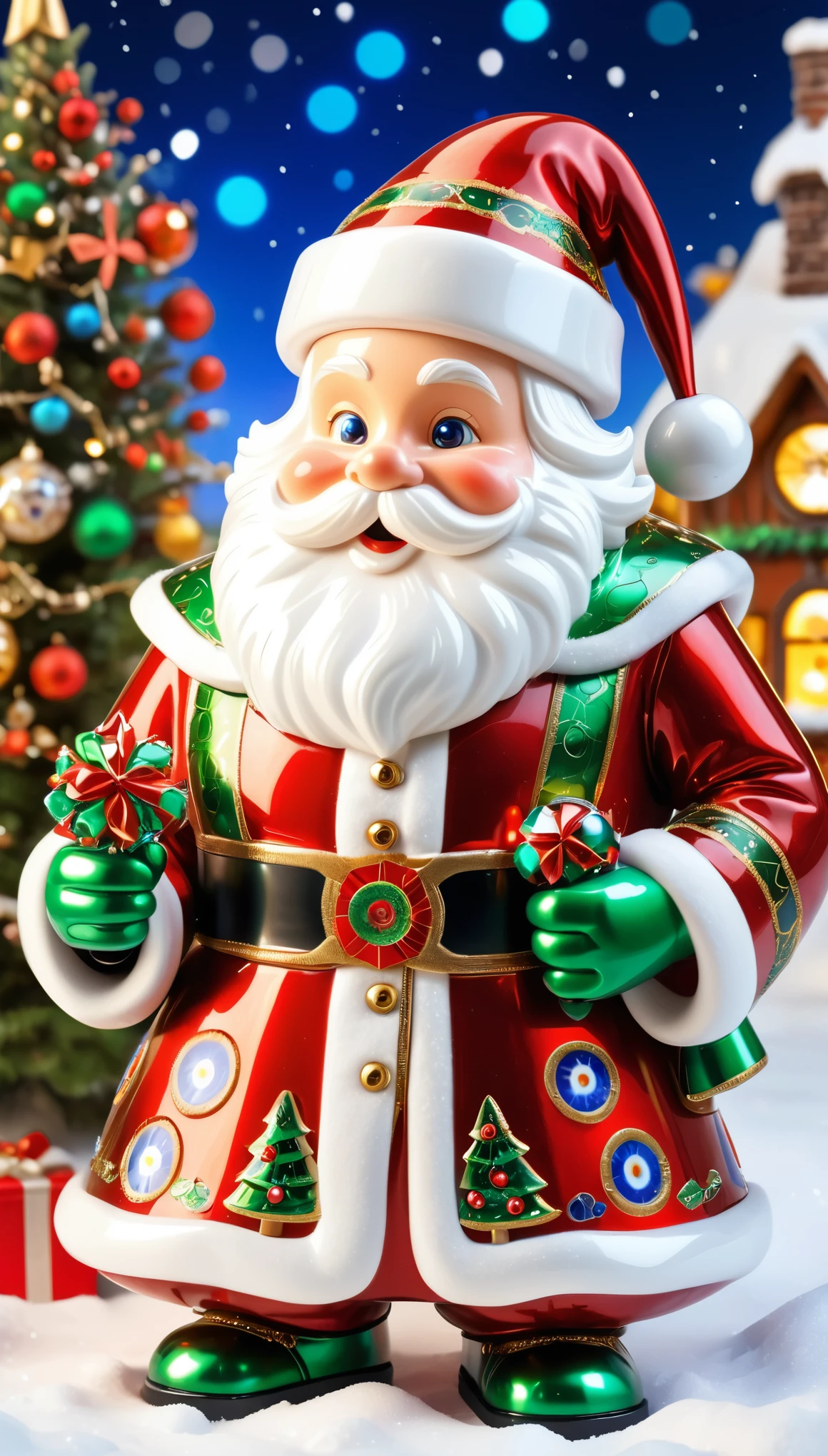 Millefiori glass style,Mechanical Santa Claus,robotic Christmas figure,metallic Santa Claus figure,highly detailed mechanical details,advanced engineering,extravagant Santa Claus suit,gleaming metal joints,elaborate electronic circuitry,beloved figure with a technological twist,festive lighting and decorations,HDR colors and contrast,sparkling Christmas tree in the background,scenic snow-covered landscape,portraits of excited children,joyful expressions and anticipation,winter wonderland theme,ultra-detailed texture and shading,realistic face and expressions,perfectly styled white beard and mustache,red and green color scheme,ho ho ho laughter filling the air,dynamic pose and movements,artistic photography-inspired composition,concept art aesthetics,epic and enchanting atmosphere,bright and vibrant colors,studio lighting emphasizing the fine details,bokeh effect to create a magical ambiance.