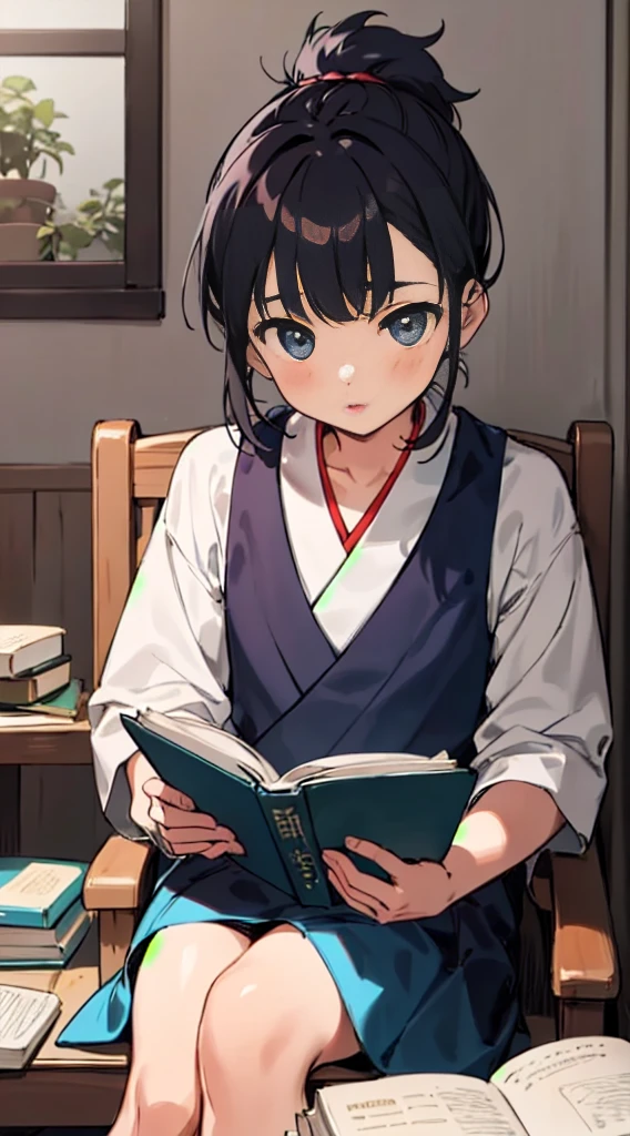 (masterpiece, best quality), 1girl, TsubakiKasugano,  reading, tome in hand, reading a tome, one tome, sitting,