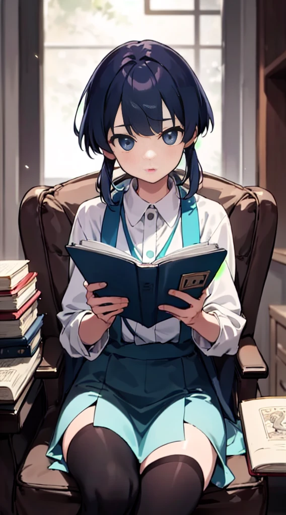 (masterpiece, best quality), 1girl, TsubakiKasugano, reading, tome in hand, reading a tome, one tome, sitting,