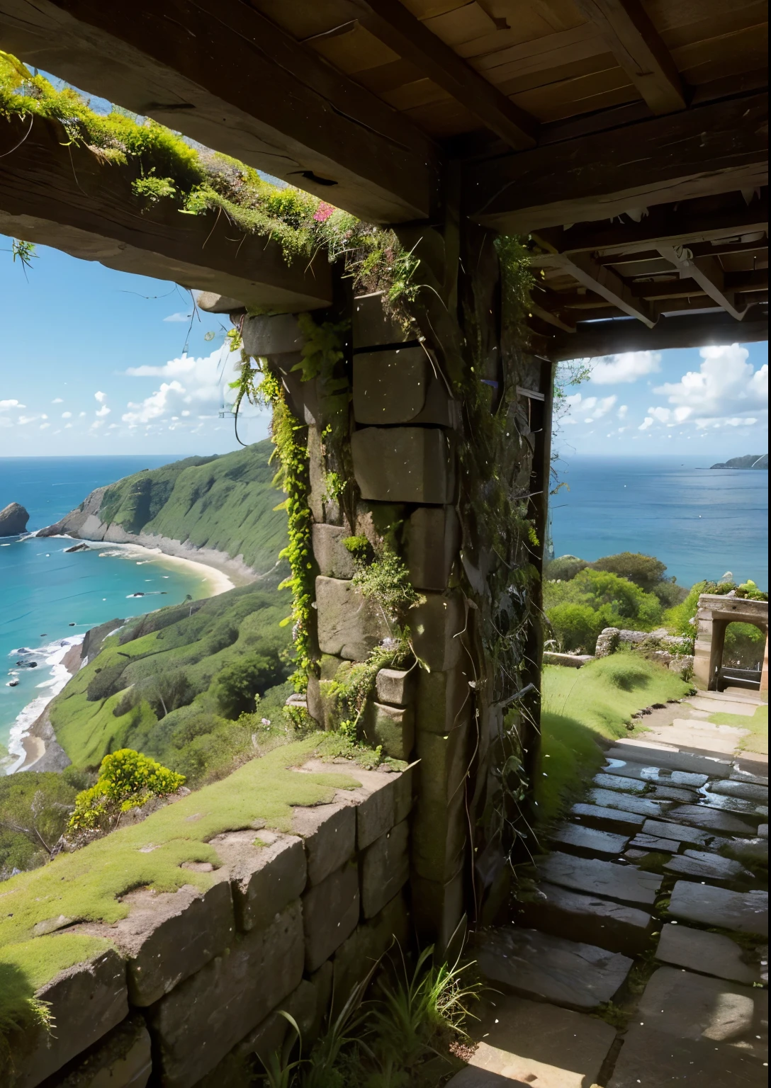 (masterpiece、highest quality:1.2)、8k、You can see the ocean、Ancient ruins on the cliff、Ruins of unknown age、It is covered with moss and ivy.